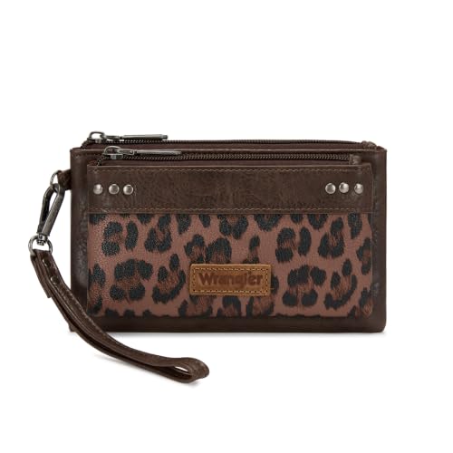 Montana West X Wrangler Western Women's Wallets Large Minimalist Phone Wallet for Ladies Female Double Zipper Cash Wallet with Rfid Lining - color: Coffee