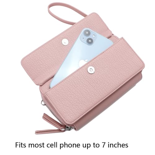 RFID Crossbody Wallet Wristlet Purse with Phone Pocket For Women Vegan Leather - color: Pink