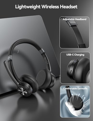 TECKNET Wireless Headset, Bluetooth Headset with Noise Cancelling Microphone - Rechargeable Bluetooth V5.2 Headphones, 50H Playtime & Mic Mute, On Ear Headphones for Trucker/Remote Work/Call Center
