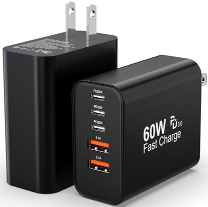 TZBAY 2-Pack USB C Charger Block, 60W 5 Ports Wall Charger Fast Charging - color: Black 2Pack