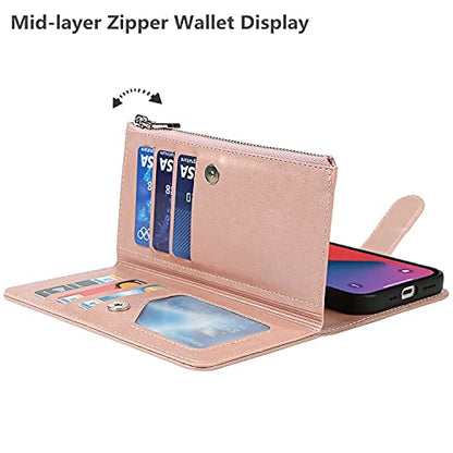 iCoverCase Compatible with iPhone 13 Wallet Phone Case with Card Holder, PU Leather Zipper Pocket Magnetic Detachable Flip Case with Wrist Strap (Rose Gold) - color: Detachable--Rose Gold