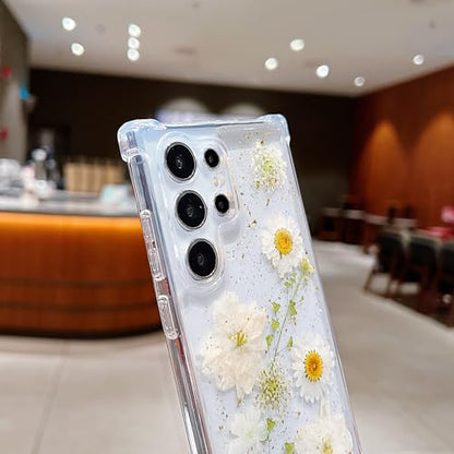 Compatible with Samsung Galaxy S23 Ultra Case Cute Pressed Dried Real Flowers Design Women Girly Shockproof Glitter Floral Clear Phone Cover S23 Ultra (White Flower) - color: White Flower, size: Samsung S23 Ultra