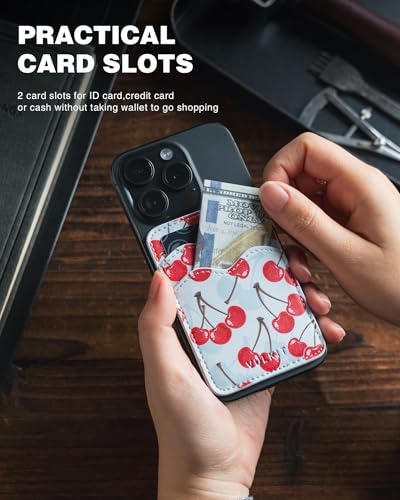 VULKIT Stick on Card Holder Compatible for iphone Leather Cell Phone Wallet Credit Card Case Strong Sticker for Women - color: Cherry Breeze