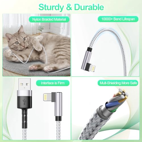 3Pack Right Angle Short Lightning iPhone Charge Cable, 90 Degree Apple Lightning Cable 15cm+30cm+30cm, Nylon Braided Sync Data Charger Cord for iPhone 14/13/12/11 Pro Max 8 7 Plus-Grey