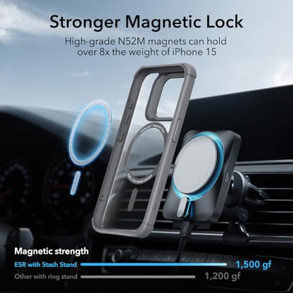 ESR for iPhone 15 Pro Case with Stand, Compatible with MagSafe, Full-Body Military-Grade Drop Proof Case with Built-in 9H+ Tempered Glass Screen Protector, Armor Series, Clear Grey - color: Clear Grey + Stand