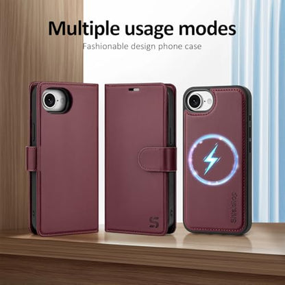 Shieldtop Compatible with MagSafe iPhone 17e / 16e Wallet Case,Wine Red | 2 in 1 Detachable Magnetic,Credit Card Holder Slots,RFID Blocking,PU Leather,Kickstand,Flip Folio Phone Cover for Men & Women - color: Wine Red