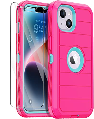 iPhone 14 Case (Rose/Light Green) - 3-Layer Military Grade Shockproof Protection with 2 Screen Protectors - color: Rose/light green II