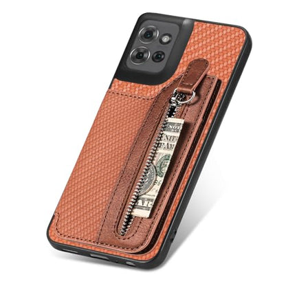 for Motorola Moto G Power 2026 Wallet Case with Card Holder, Slim | Shockproof Protective Phone Cases for Women, Carbon Fiber Pattern Design, Built-in 4 Credit Card Slots and 1 Zipper Pocket - color: Brown