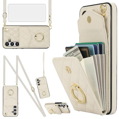 Asuwish Phone Case for Samsung Galaxy S24 5G Wallet Cover with Tempered Glass Screen Protector and Crossbody Wrist Strap Ring Stand RFID Blocking Card Holder Cell S 24 24S G5 Women Men Girls Off White - color: Off White