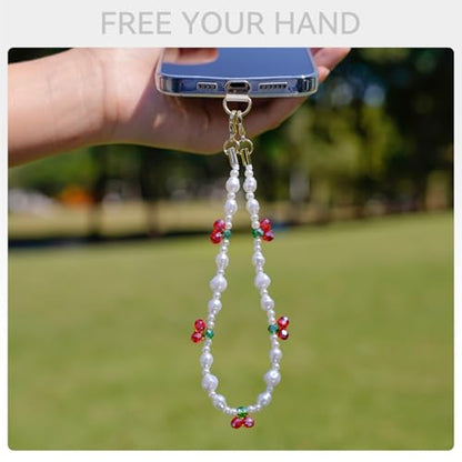 Phone Charm Wrist Strap Pearl Beaded Chain Detachable Lanyard Hand Wristlet Fashion Accessories Finger Grip Anti-drop with 3 Tether Tab for Women Girl Universal for iPhone 16 Pro Max 15 Sweet Cherries - color: Pearl Cherries