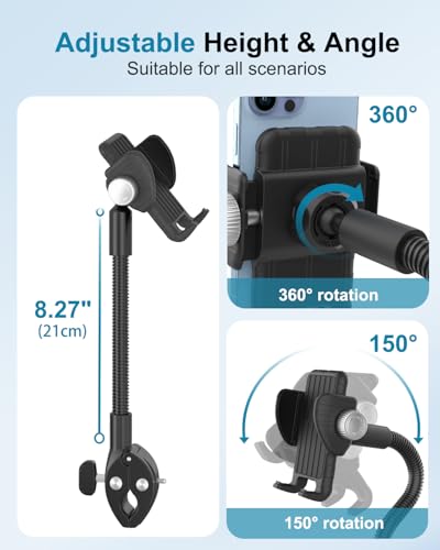 Gooseneck Phone Holder Mount for Wheelchair/Stroller/Boat/Treadmill/Spin Bike/Mic Stand, Cell Phone Handlebar Clamp with Adjustable Arm for iPhone 16 Pro Max, Galaxy, All 4-7" Smartphone