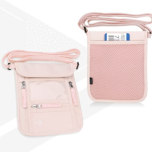 WALNEW Passport Holder Neck Pouch Travel Wallet for Women and Men, RFID Blocking Security Slim Traveling Wallet with Around Neck Lanyard Strap, Pink - color: Pink