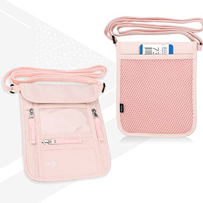 WALNEW Passport Holder Neck Pouch Travel Wallet for Women and Men, RFID Blocking Security Slim Traveling Wallet with Around Neck Lanyard Strap, Pink - color: Pink