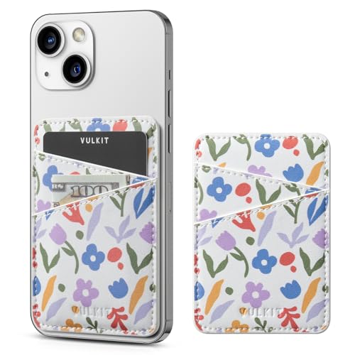 VULKIT Phone Card Holder Wallet Leather Adhesive Pocket RFID Blocking Credit Card Sleeves Stick Back of Phone Smartphones - color: Wildflower