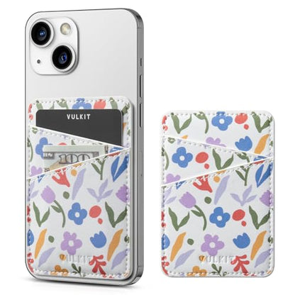 VULKIT Phone Card Holder Wallet Leather Adhesive Pocket RFID Blocking Credit Card Sleeves Stick Back of Phone Smartphones - color: Wildflower