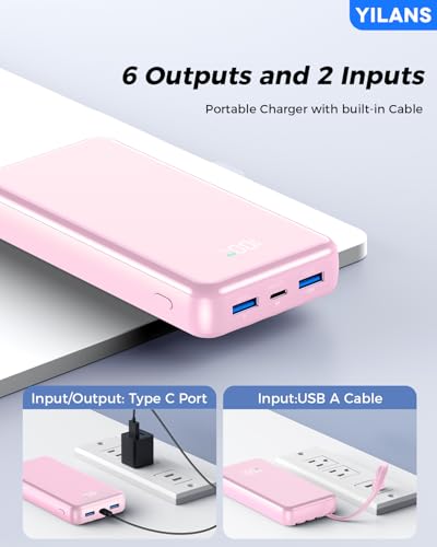 Portable Charger,50000mAh Power Bank Built-in Cable, 22.5W PD USB C In & Out Fast Charging, External Battery Pack with 6 Output & 2 Input, Travel Phone Charger for iPhone 17/16/15/14/13/12(Rosy) - color: Rosy