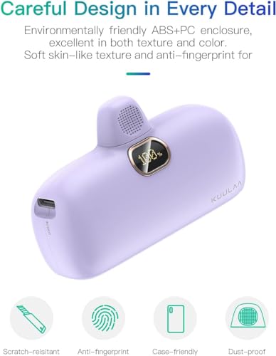 Kuulaa Portable Charger USB C with Built-in USB-C Plug, 5000mAh PD20W Fast Charging Power Bank, LCD Digital Display Battery Pack for iPhone 15/16/17,Samsung S22/S23 & Android (Purple) - color: Purple