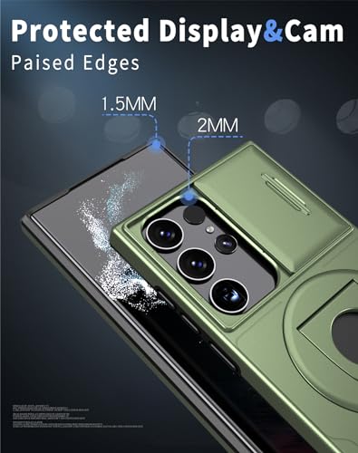 ANNGELAS for Samsung Galaxy S23 Ultra Mag Safe Kickstand Case with Slide Camera Cover,Slim Shockproof Military Heavy Duty Anti Drop Full Body Protection,360 Rotating Stand Magnetic Phone Case(Green) - color: Magnetic Stand Green