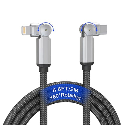90 Degree USB C to Lightning Cable with 180°Rotating Head - 6.6FT PD Fast Charger Type C to Lightning Right Angle Swivel Cable, MFi Certified Apple Carplay Cable for iPhone 14 13 12 11 X Xs Pro, iPad
