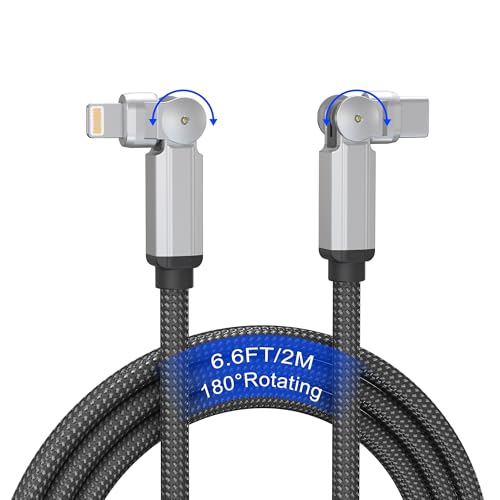 90 Degree USB C to Lightning Cable with 180°Rotating Head - 6.6FT PD Fast Charger Type C to Lightning Right Angle Swivel Cable, MFi Certified Apple Carplay Cable for iPhone 14 13 12 11 X Xs Pro, iPad