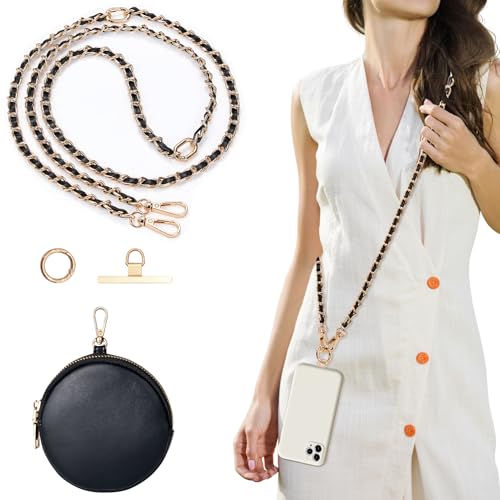 Clip and Go Phone Strap Crossbody with RFID Leather Wallet, Trendy Hands-Free Crossbody Cell Phone Lanyard Chain with Coin Purse for Women, Neck Chain for iPhone and Smartphone, Black Gold - color: Black Gold