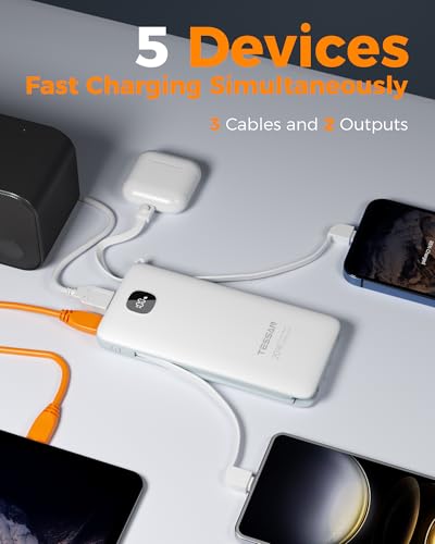 TESSAN Portable Charger with Built in Cables, 10000mAh Power Bank Wall Plug - color: White