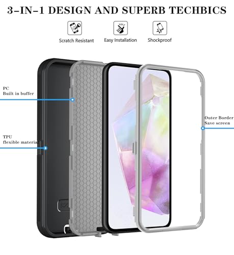 Qinmay Phone Case for Samsung Galaxy A37 5G Case with HD Screen Protector, Heavy Duty Shockproof & Dropproof 3-Layer Cover Phone Case for Galaxy A37,BlackGrey - color: BlackGrey