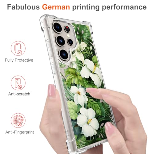 Hungo Galaxy S24 Ultra Case for Girls Women Clear Design Cute,Girly Case Compatible with Samsung Galaxy S24 Ultra Green Tropical Palm Leaves Hibiscus Flower Forest Jungle - color: Green Tropical Leaves