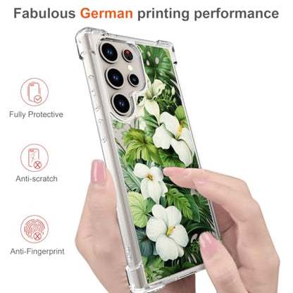 Hungo Galaxy S24 Ultra Case for Girls Women Clear Design Cute,Girly Case Compatible with Samsung Galaxy S24 Ultra Green Tropical Palm Leaves Hibiscus Flower Forest Jungle - color: Green Tropical Leaves