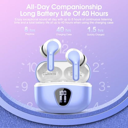 Wireless Earbuds, Bluetooth 5.4 Headphones HiFi Stereo, Bluetooth Earbuds - color: White Purple