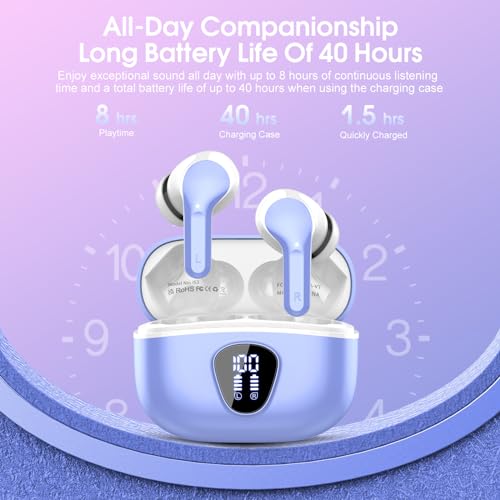 Wireless Earbuds, Bluetooth 5.4 Headphones HiFi Stereo, Bluetooth Earbuds - color: White Purple