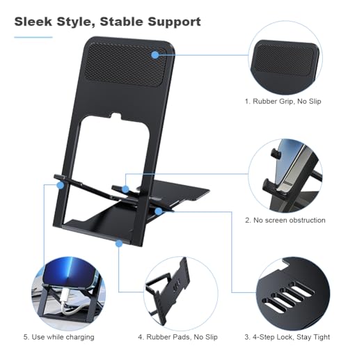 Kemoxan Ultra-Slim Foldable Cell Phone Stand for Desk, Ultrathin Portable Pocket Smartphone Kickstand, V Small Mobile Phone Travel Mount Compatible with Universal iPhone IPads Android Kindle - color: Black Ultrathin