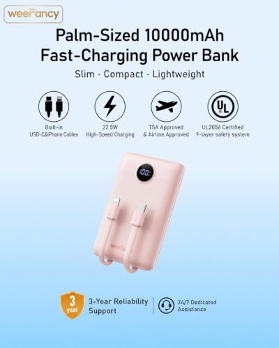 Mini Portable Charger with Built-in Cables 22.5W Fast Charging Power Bank USB-C Small Battery Pack 10000mAh Travel Essential Slim Battery for iPhone 17/16/15/14, Samsung 25/24, and More - color: Pink