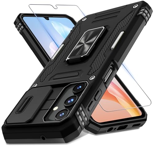 DEERLAMN Case for Samsung Galaxy A15 5G with Slide Camera Cover+Screen Protector (1 Pack), Rotated Ring Kickstand Military Grade Shockproof Protective Cover-Black - color: Black, size: A15 5G-6.5Inch
