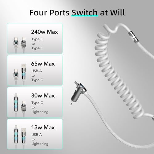 MFish Coiled 4 in 1 USB C Cable, 6.6FT Fast Charging Cable - color: White(4-in-1 Coiled)