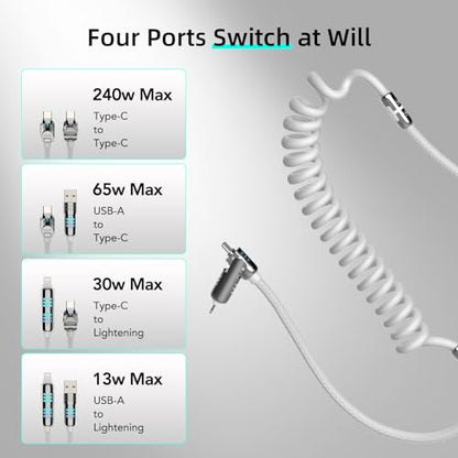 MFish Coiled 4 in 1 USB C Cable, 6.6FT Fast Charging Cable - color: White(4-in-1 Coiled)