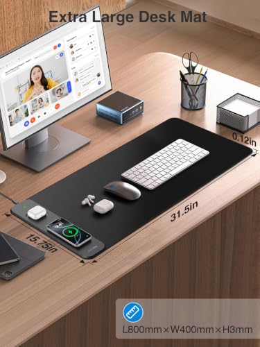 Magnetic Wireless Charging Mouse Pad, 31.5"x15.8" Large Desk Mat - color: Black
