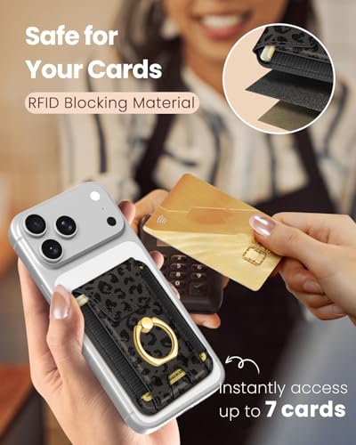 Shorogyt Compatible with Magsafe Wallet with Ring Grip Magnetic Card Holder - Cute Phone Wallets with Stand for iPhone 17/16/15/14/13/12 Series for Women Girls Black Leopard Design, Fit 7 Cards - color: Black Leopard