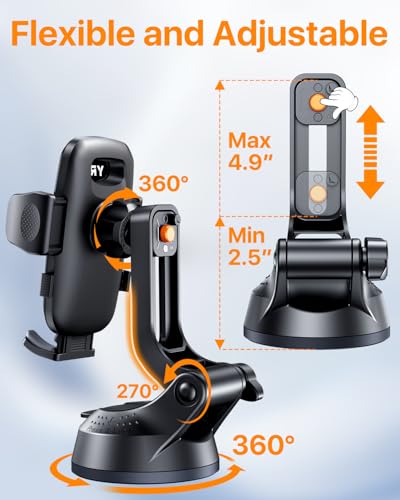 YRU 2026【100+LBS Suction & Flexible Low-Profile Arm】 Car Phone Holder Mount - color: Dark Black