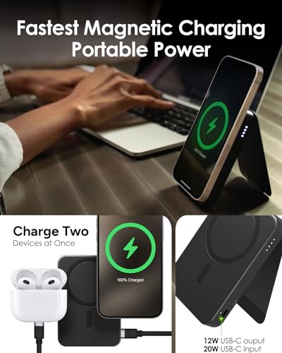 Mophie Snap+ Powerstation Mini with Stand - 5000mAh,15W Qi2 Magnetic Wireless Charger, Portable, Compatible with MagSafe & Qi-Enabled Smartphones, with Kickstand, USB C to USB C Cable Included, Black