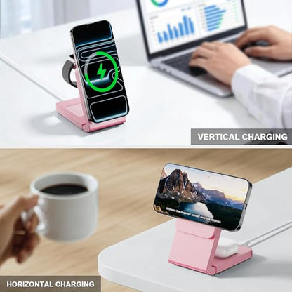 3-in-1 Charging Station for Apple Devices, Foldable Magnetic Wireless Charger Stand, Fast Charger Station for iPhone17/16/15/14/13/12 Pro Max/ AirPods2/3/4 and IWatch Ultra Series(Pink) - color: Pink
