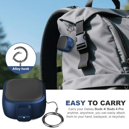 for Samsung Galaxy Buds 4 Pro/Buds 4 Case (2026) with Secure Safety Lock Clip,Shockproof Scratch-Resistant Hybrid PC+TPU Soft Shell Protective Cover Accessories with Carabiner&Cleaning Pen(Dark Blue) - color: Dark Blue Edge-Black