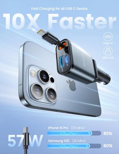 Lamicall Retractable Car Charger USB C 57W Charging for iPhone 18 17 16 Duo - color: Dark grey