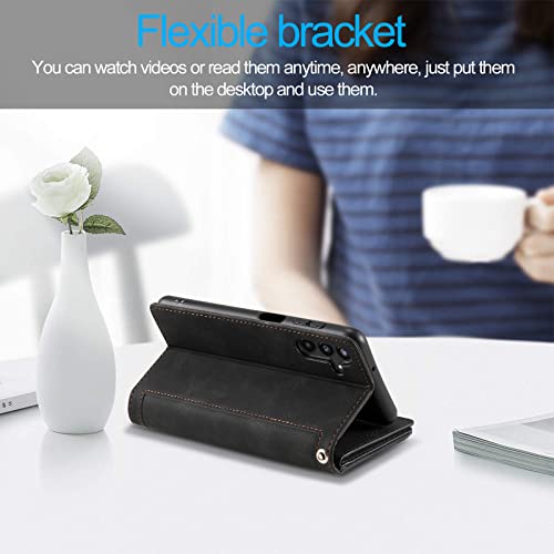EYZUTAK Wallet Phone Case for Samsung Galaxy A15 4G/5G, Retro Matte 9 Card Holder Slots Zipper Pocket Handbag Case PU Leather Magnetic Closure Kickstand with Wrist Strap Flip Folio Purse Case - Black - color: Black, size: Samsung Galaxy A15 4G/5G