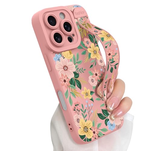 Cute Floral Flower Case for iPhone 16 Pro with Finger Hand Strap | Pattern Design Phone Case with Adjustable Wristband Kickstand, Soft Slim TPU Protective Cover for Women Girls, Pink - color: Pink Blossom, size: iPhone 16 Pro