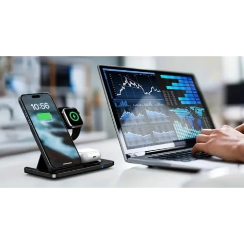 3 in 1 Wireless Charger for Apple Watch Ultra 10 9 8 AirPods Pro iPhone 17 16 15 14 15W Fast Charging Stand Dual Coil (Black)