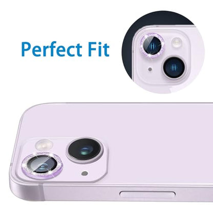 Compatible with iPhone 15 & 15 Plus Camera Lens Protector, Bling Glitter Diamond Lens Cover 9H Tempered Glass Camera Cover Anti Scratch Shockproof Screen Protector Individual Metal Lens Ring - - color: Purple Glitter