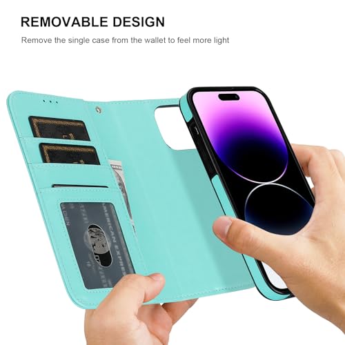 Bocasal Detachable Wallet Case Card Holder for iPhone 14 Pro Max Light Blue | RFID Blocking Kickstand Card Slots Holder PU Leather Magnetic Shockproof Wrist Strap Removable Flip Protective Cover 6.7 inch - color: Light Blue