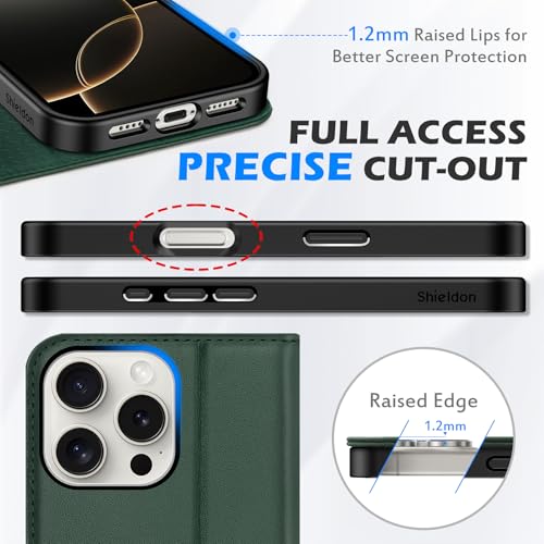 SHIELDON Genuine Leather Wallet Case for iPhone 16 Pro Max 6.9", Evergreen | RFID Blocking, Credit Card Holder, Magnetic Closure, Kickstand, Folio Design, Full Protection, Shockproof Phone Cover - color: Evergreen
