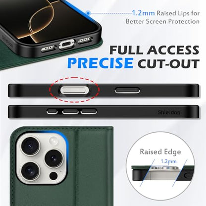 SHIELDON Genuine Leather Wallet Case for iPhone 16 Pro Max 6.9", Evergreen | RFID Blocking, Credit Card Holder, Magnetic Closure, Kickstand, Folio Design, Full Protection, Shockproof Phone Cover - color: Evergreen